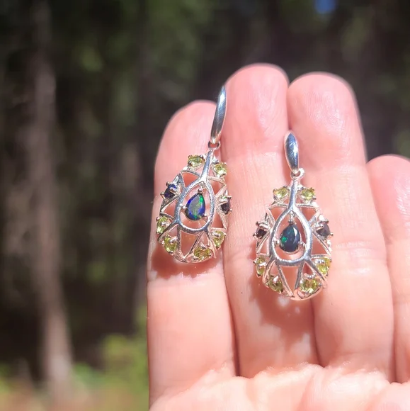 Peridot & Black opal 925 sterling silver earrings - Picture 7 of 8